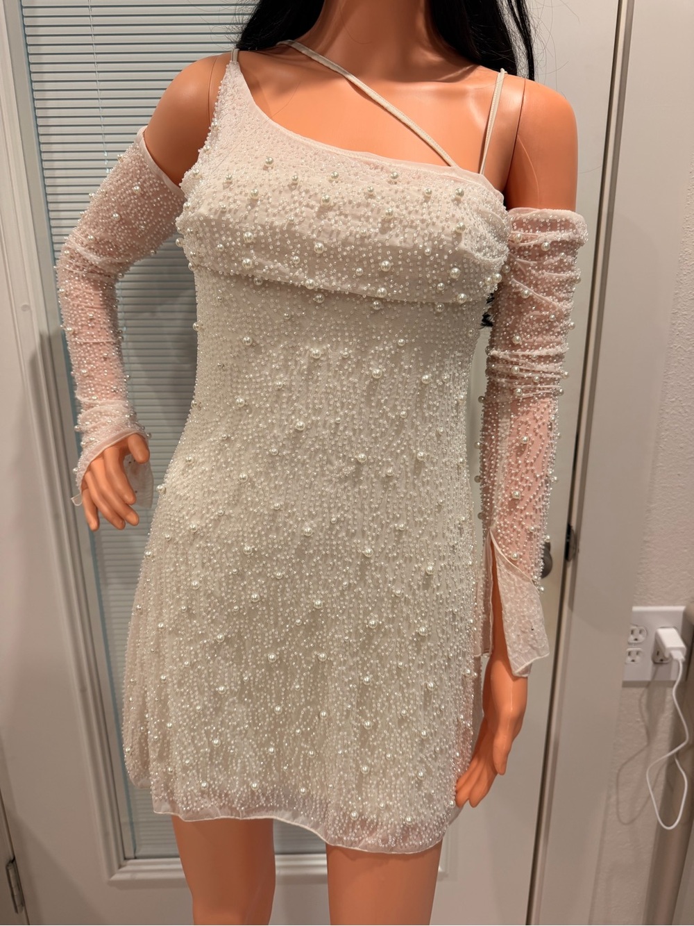 Oh Polly Ivory Pearl-Embellished One-Shoulder Mini Dress